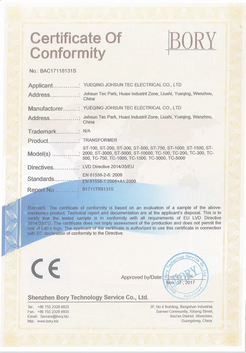 CE CERTIFICATE JOHSUN