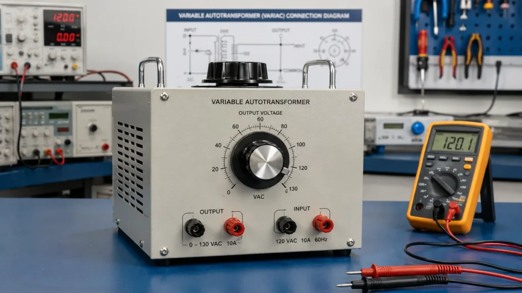 A variable autotransformer (Variac) with a control knob on the front panel for adjusting output voltage in a laboratory setting