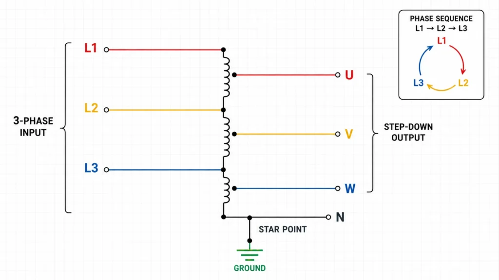 Clean electrical wiring diagram of a star connected three phase step down autotransformer with L1 L2 L3 input, U V W output taps, neutral point, grounding, and phase sequence arrows