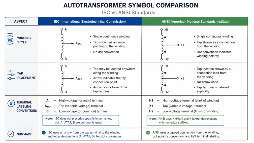 Comparison chart of IEC and ANSI autotransformer symbols showing winding style differences, tap placement, and terminal labeling conventions side by side