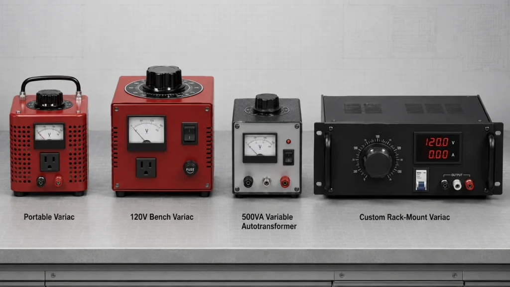 Comparison of portable variac, 120 volt bench variac, 500VA variable autotransformer, and custom rack mount variac formats