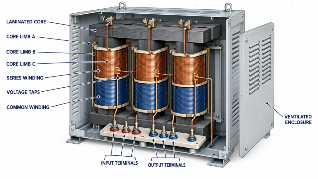 Construction of a three phase auto transformer showing three limb laminated core, common windings, series windings, taps, terminals, and enclosure