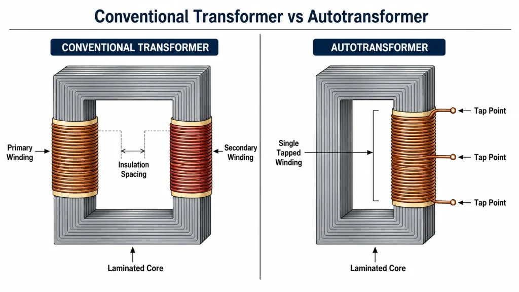 Cross section comparison diagram showing a conventional transformer with two separate windings on a laminated core next to an autotransformer with a single tapped winding on the same core
