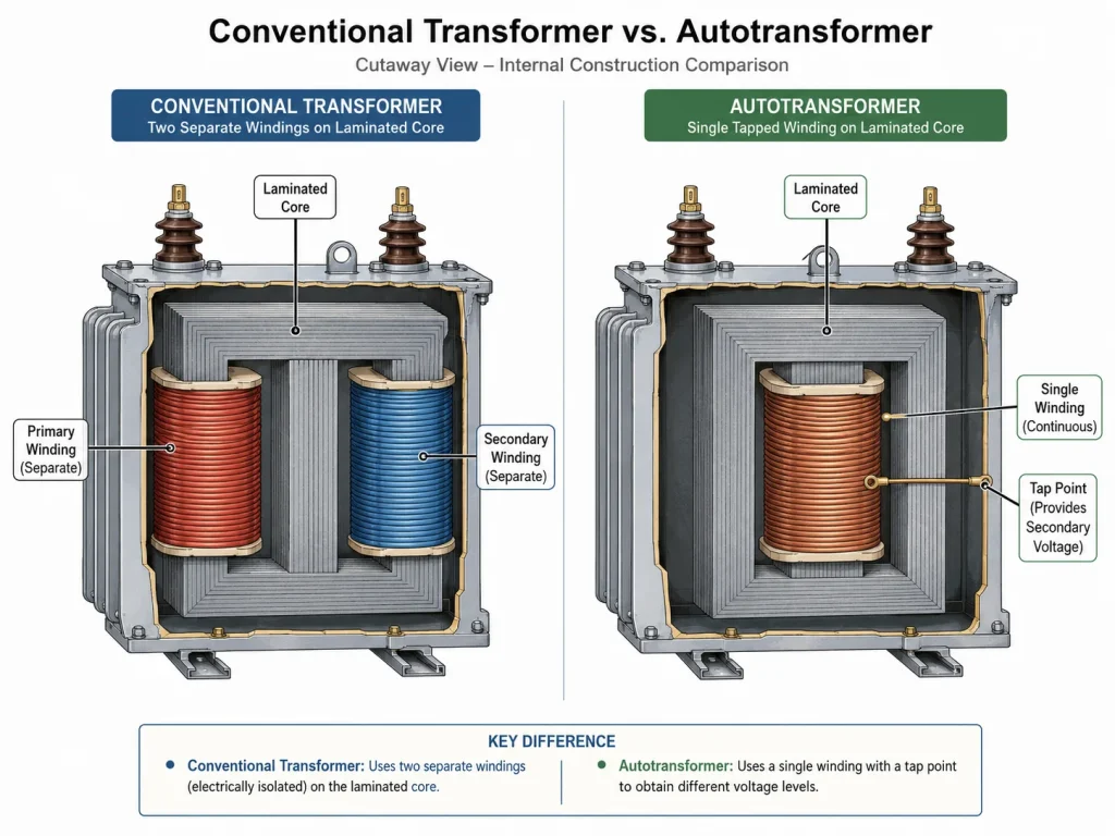 Cutaway diagram comparing a conventional transformer with two separate windings next to an autotransformer with a single tapped winding on a laminated core