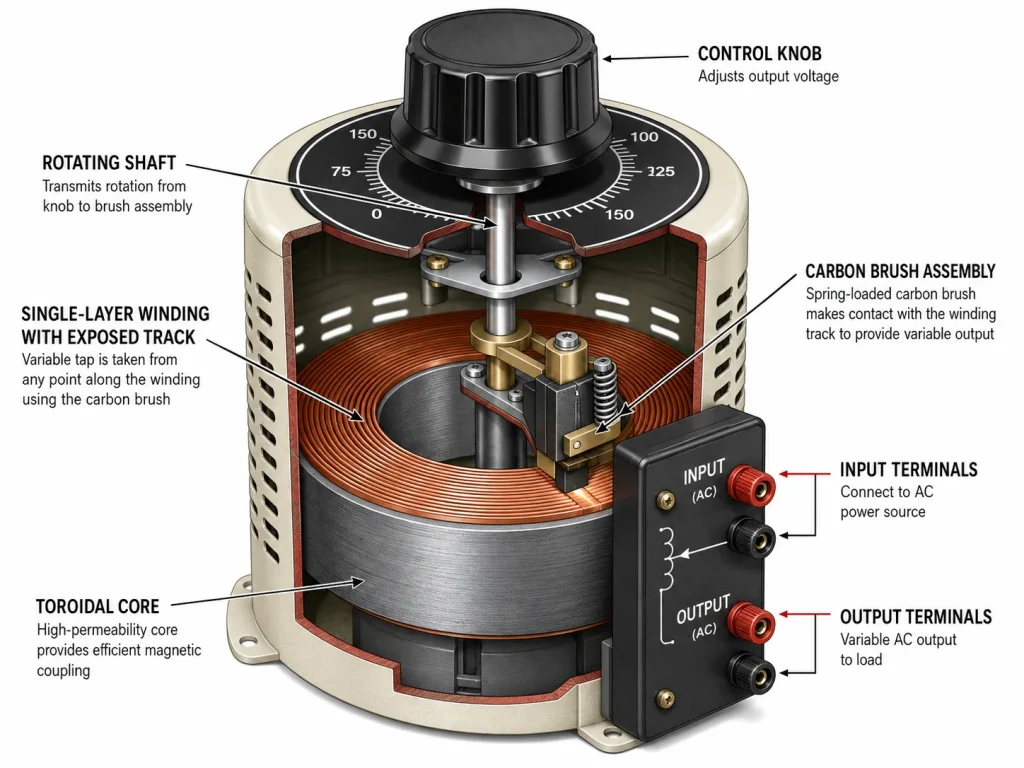 Cutaway diagram of a variac transformer showing the toroidal core, single layer winding with exposed track, carbon brush assembly, rotating shaft, and labeled input and output terminals