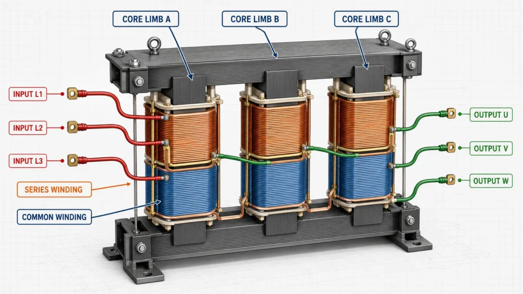 Cutaway technical illustration of a JOHSUN three phase autotransformer showing three core limbs, common windings, series windings, and labeled input and output terminals