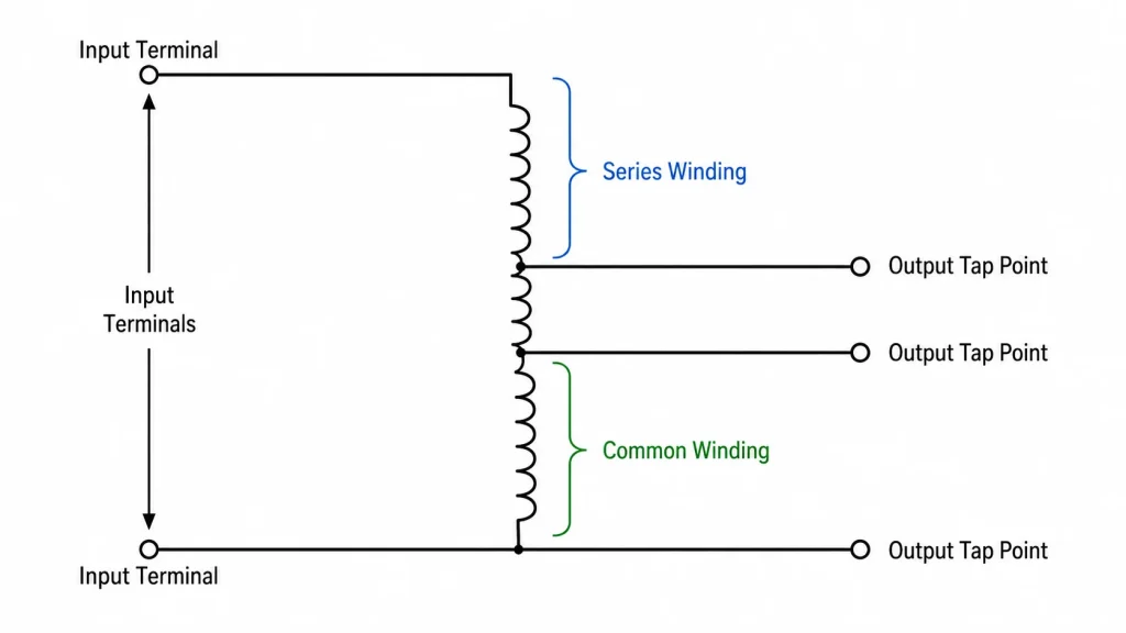 Diagram of a single phase autotransformer showing the common winding, series winding, input terminals, and output tap points