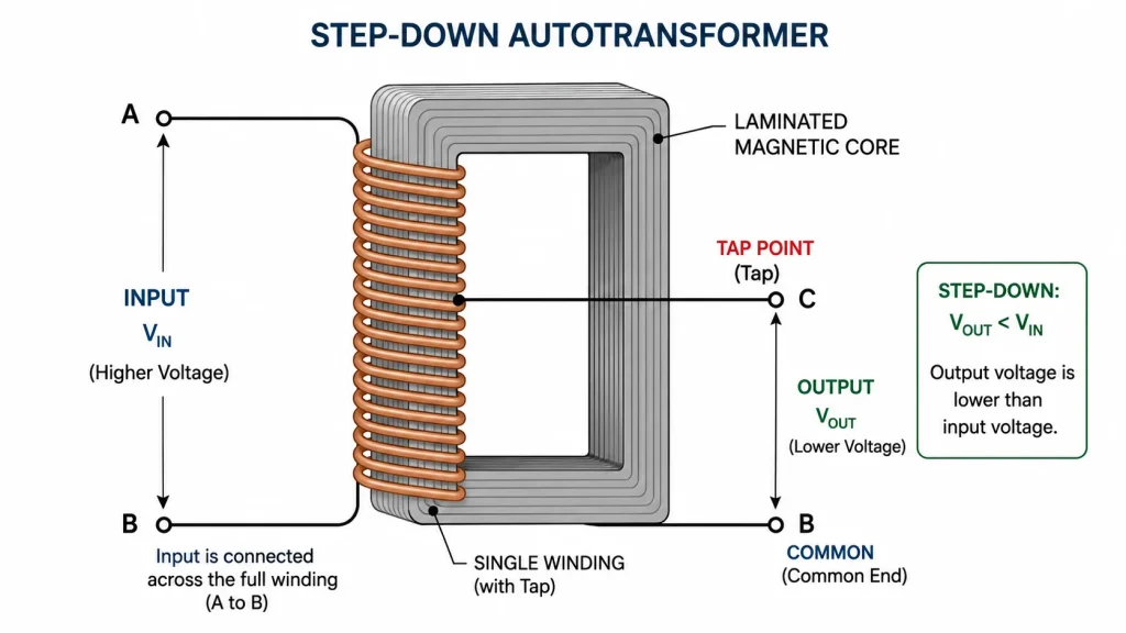 Diagram showing a step down autotransformer with input across the full winding and output taken from a tap point
