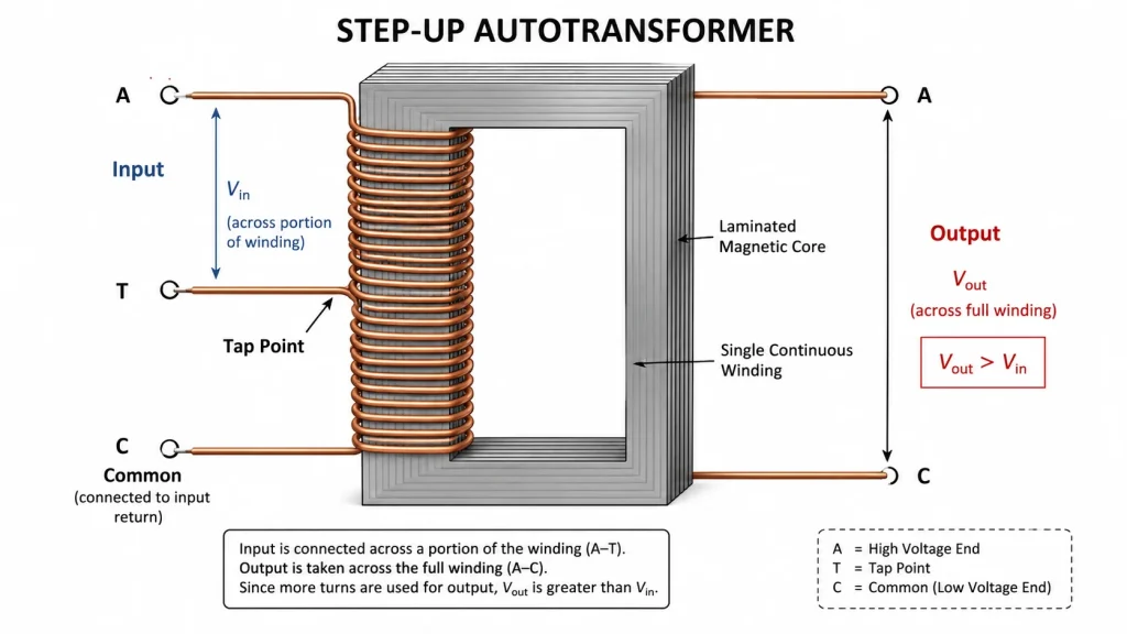 Diagram showing a step up autotransformer with input connected across a portion of the winding and output taken across the full winding