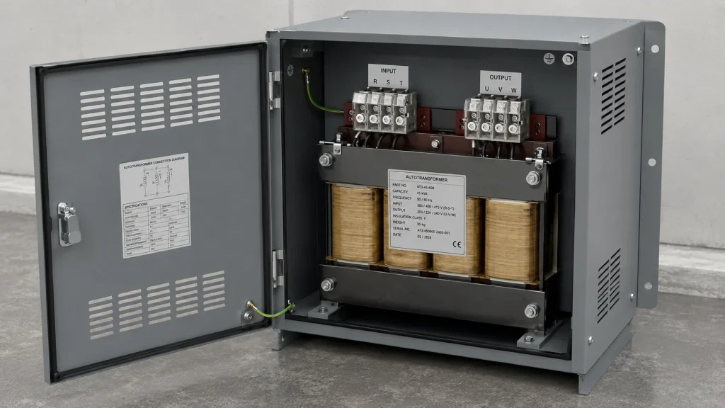 Industrial autotransformer unit in a metal enclosure with input and output terminal blocks, nameplate, and ventilation grilles