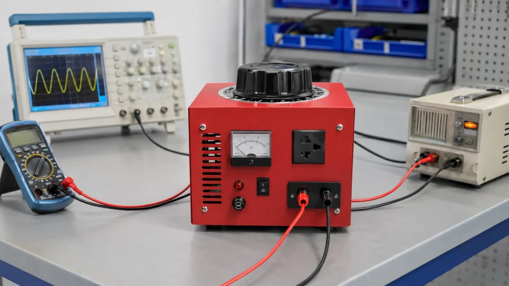 JOHSUN variac transformer on a laboratory bench with adjustment knob, analog meter, AC outlet, and connected test equipmen