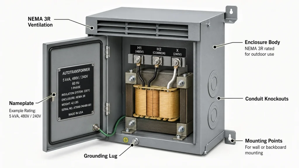 Labeled diagram of an autotransformer enclosure showing NEMA 3R ventilation, grounding lug, conduit knockouts, and nameplate with kVA and voltage ratings