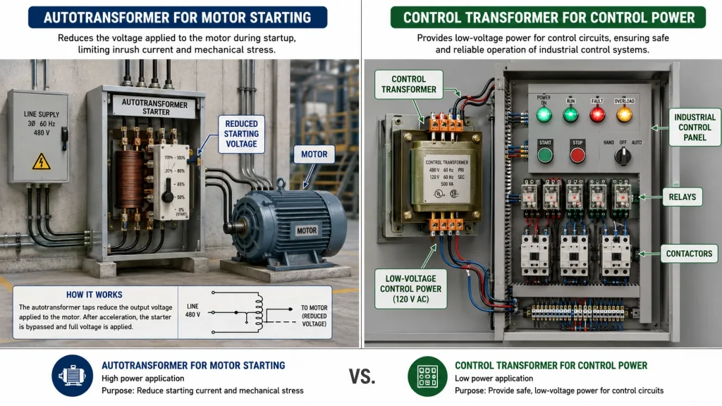 Side by side illustration of an autotransformer used for motor starting and a control transformer powering an industrial control panel