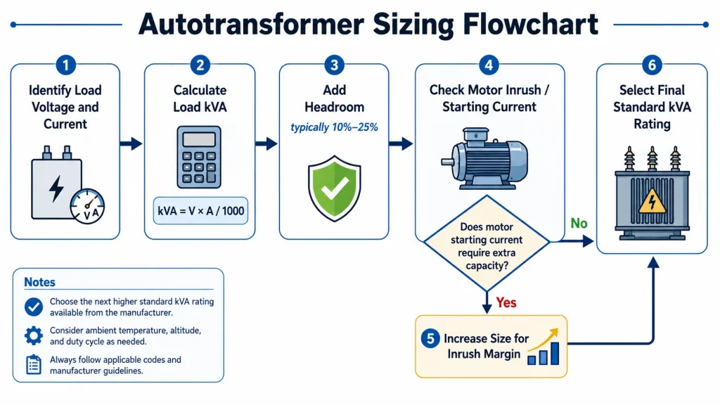 Step by step sizing flowchart showing load calculation, headroom addition, motor inrush check, and final kVA selection