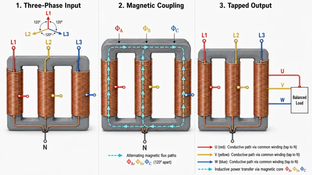 Step by step technical illustration showing how a three phase autotransformer transfers power through three tapped windings and a laminated magnetic core
