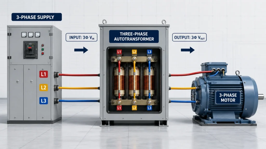 Three phase auto transformer connected between an industrial three phase supply and motor load with input and output voltages labeled