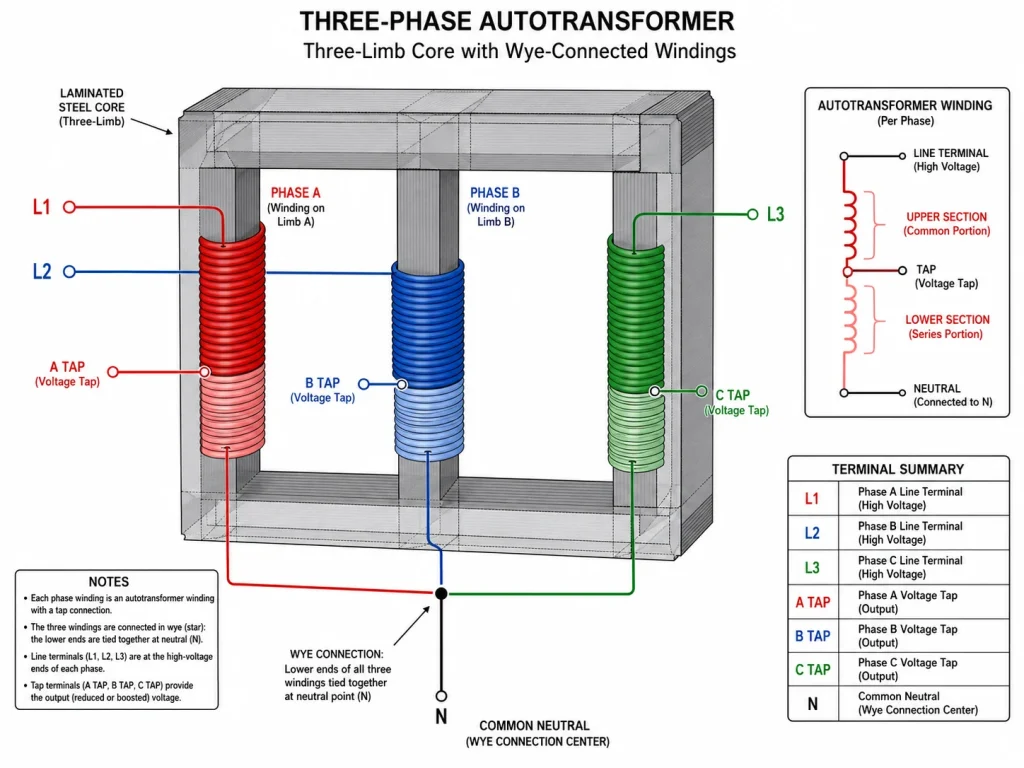 Three phase autotransformer with three limb magnetic core showing wye connected windings with labeled tap points for each phase and a common neutral terminal