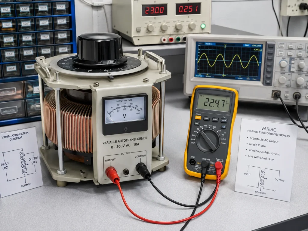Variable autotransformer variac on a laboratory workbench showing the toroidal winding, rotating control knob, voltage scale, and output terminals connected to test equipment