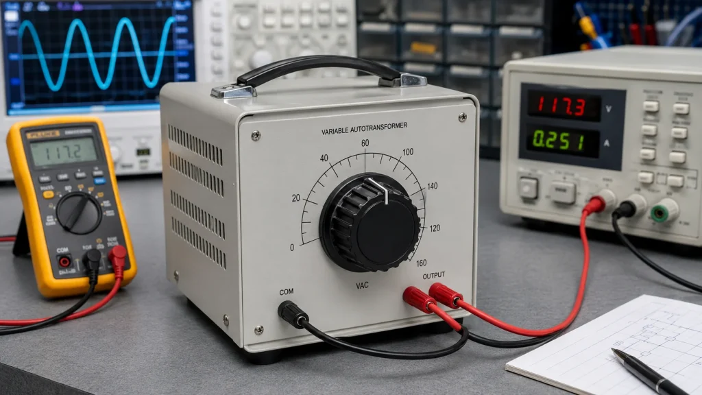 Variable autotransformer with a rotary control knob and voltage scale on the front panel, connected to laboratory test equipment