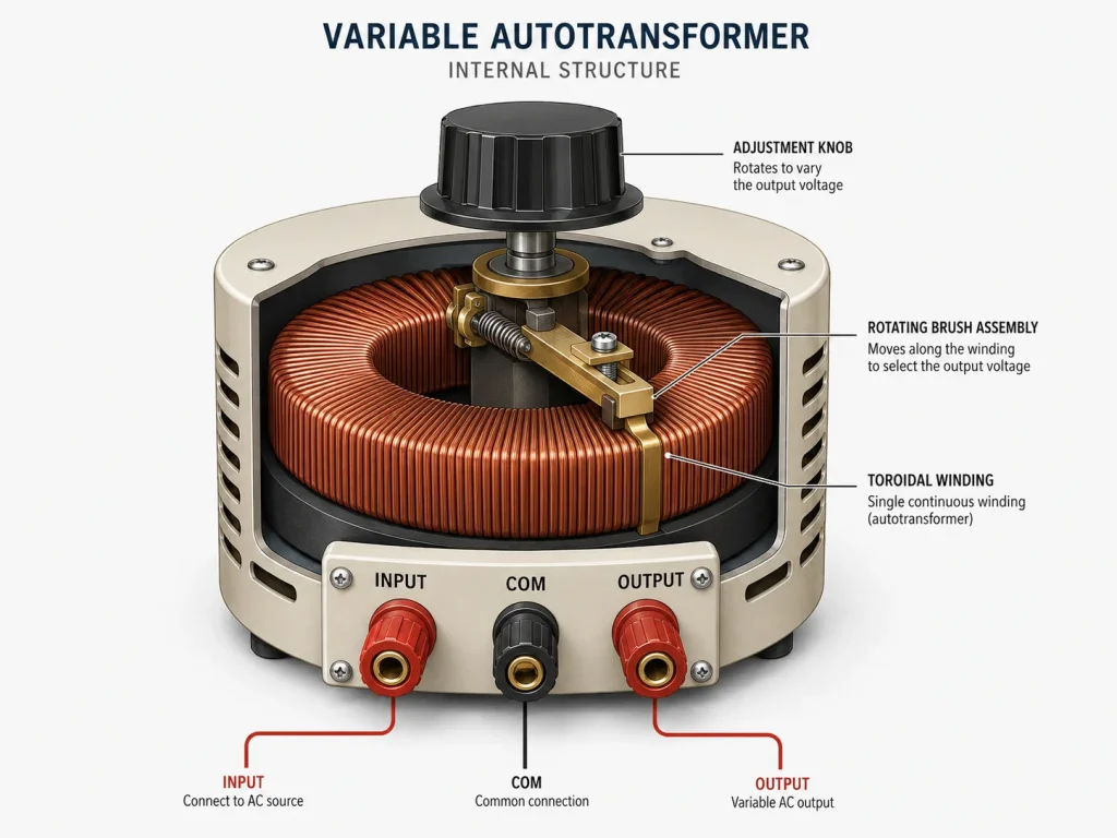Variable autotransformer with exposed toroidal winding, rotating brush assembly, and three labeled terminals for input and output connections