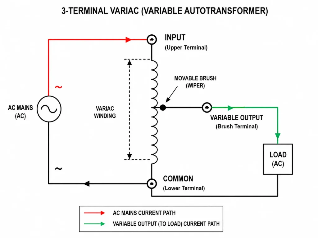 Wiring diagram of a 3 terminal variac transformer showing AC mains connected to common and input terminals, with load connected between common and the variable output brush terminal