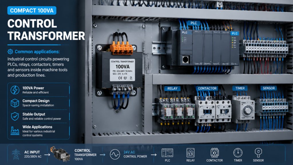 Compact 100VA control transformer mounted in an industrial electrical panel with relays and PLC