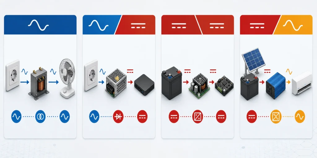Comparison of AC to AC, AC to DC, DC to DC, and DC to AC voltage converter types