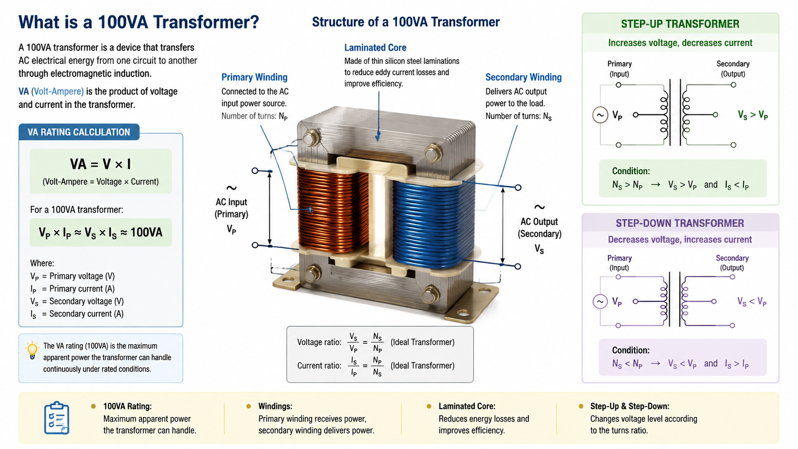 Diagram of a small 100VA transformer showing primary and secondary windings on a laminated core