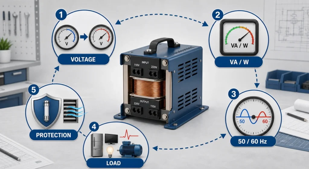 Five factors for choosing a voltage converter including voltage, VA rating, frequency, load, and protection