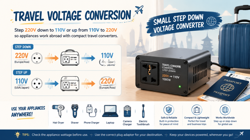 Small step down voltage converter used for 220V to 110V travel appliances