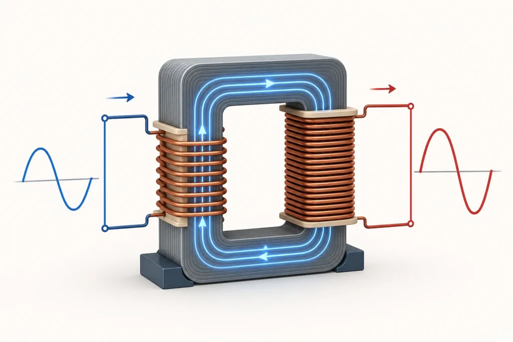 Transformer coils and magnetic core illustrating how an AC voltage converter works