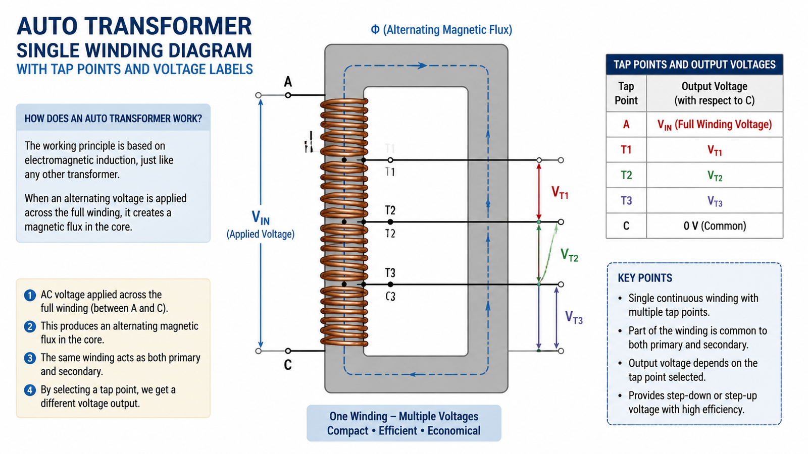 Diagram of auto transformer single winding with tap points showing primary voltage input and secondary voltage output