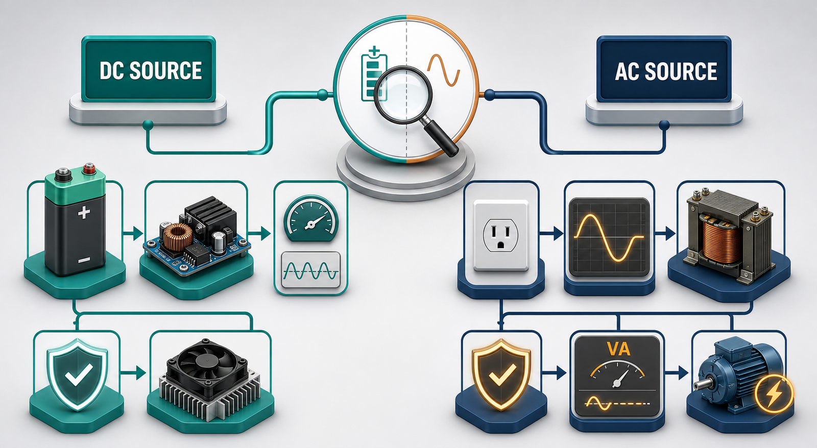 Decision guide for choosing a DC voltage converter or AC transformer by source and load type