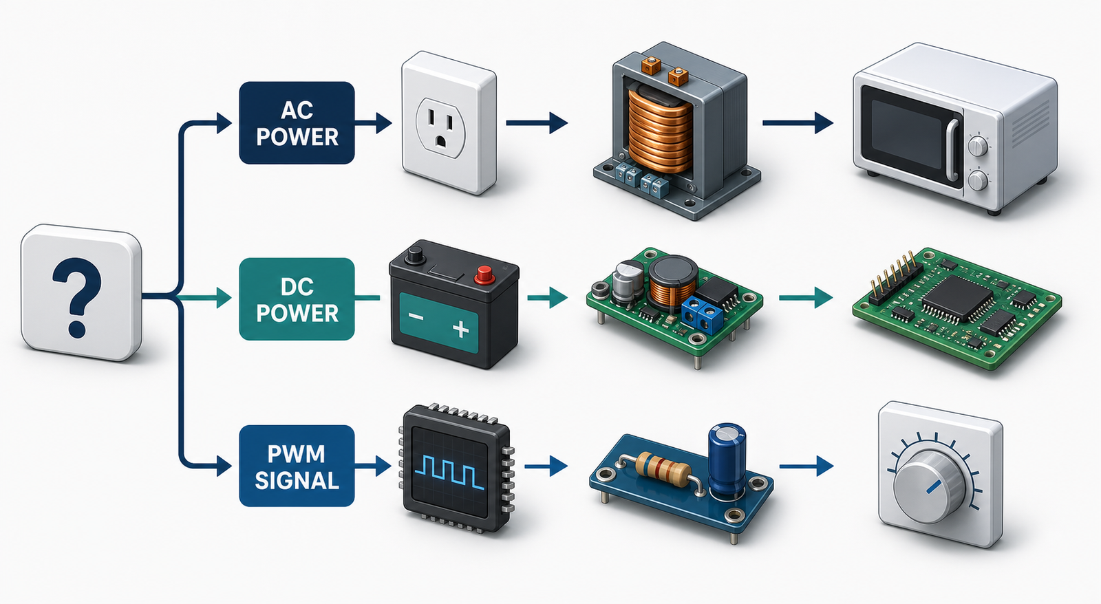 Decision guide for choosing an AC transformer, DC buck converter, or PWM-to-voltage filter