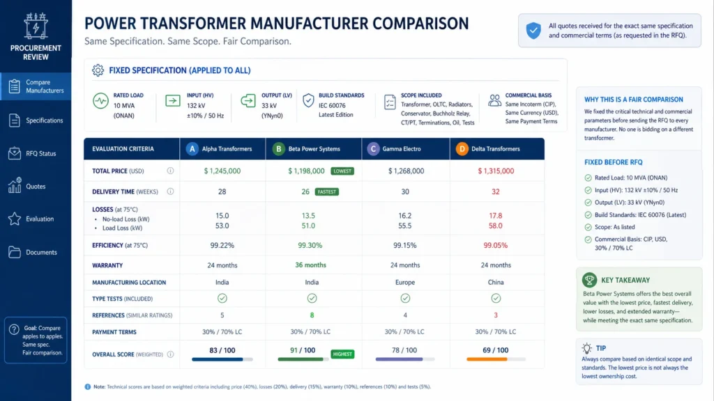 comparison table on a procurement review screen evaluating power transformer man