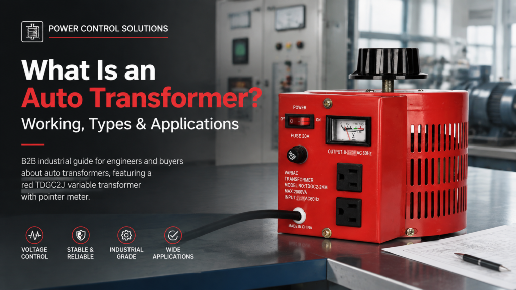 TDGC2J red variable auto transformer with pointer voltage meter and control knob on white background