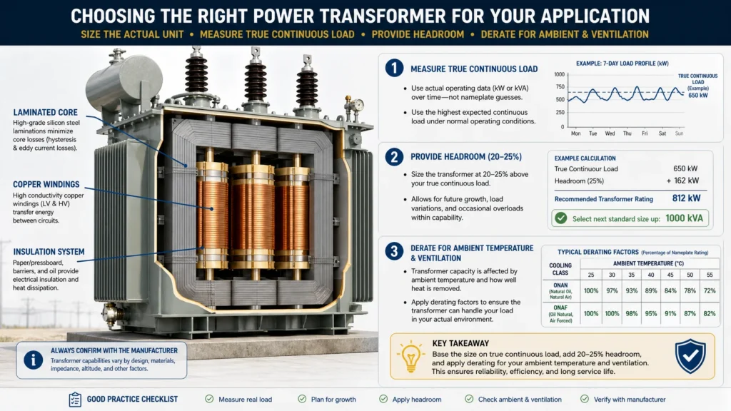 cross section view of a power transformer showing laminated core copper winding