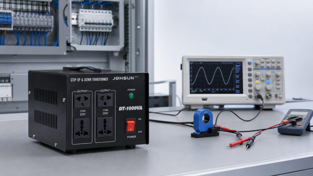 Current to voltage converter application with transformer, current sensor, and oscilloscope
