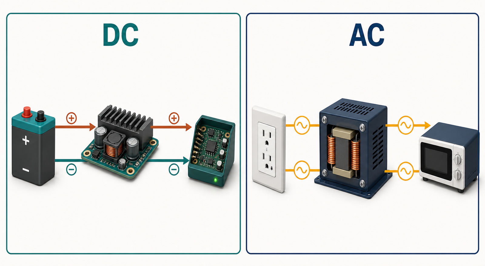 DC voltage converter and AC transformer compared from source through converter to load