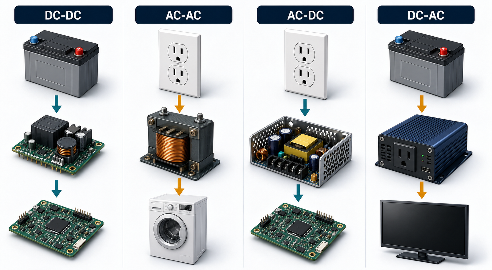 DC-DC, AC-AC, AC-DC, and DC-AC power conversion paths with correct sources and loads