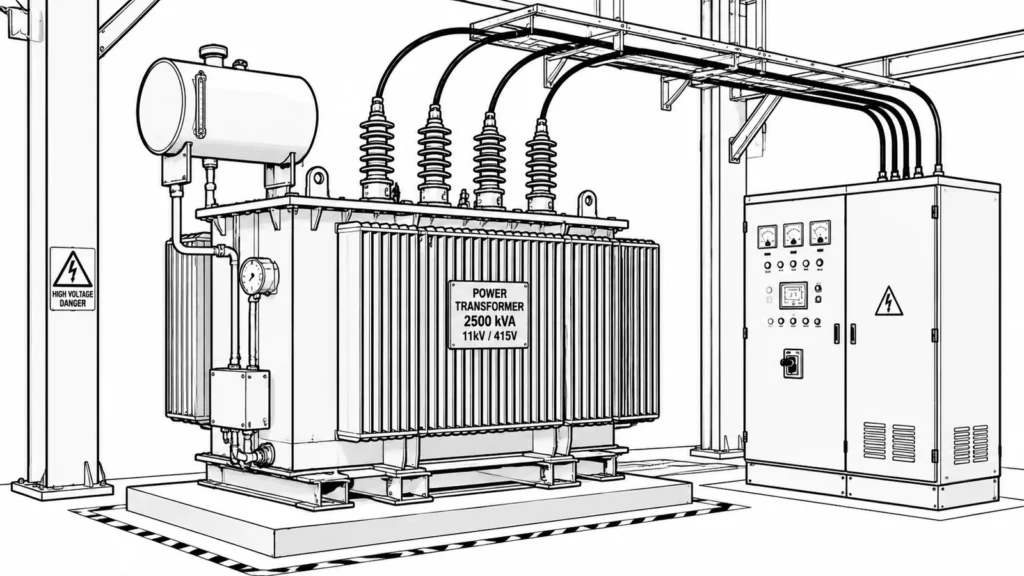 heavy duty power transformer installed on a factory floor next to control panel