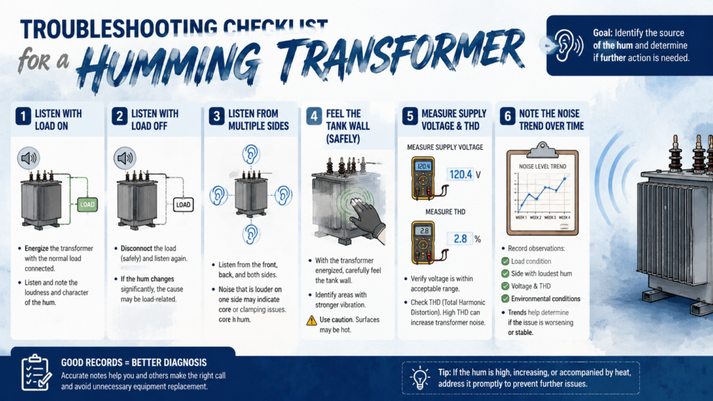 Troubleshooting checklist graphic for a humming transformer