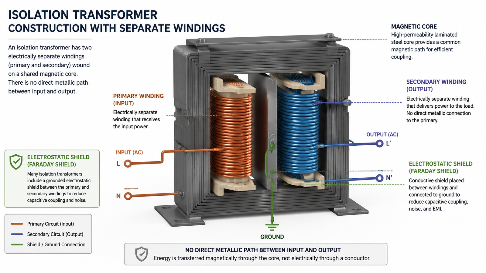 Diagram of an isolation transformer showing electrically separated primary and secondary windings wound on a shared magnetic core