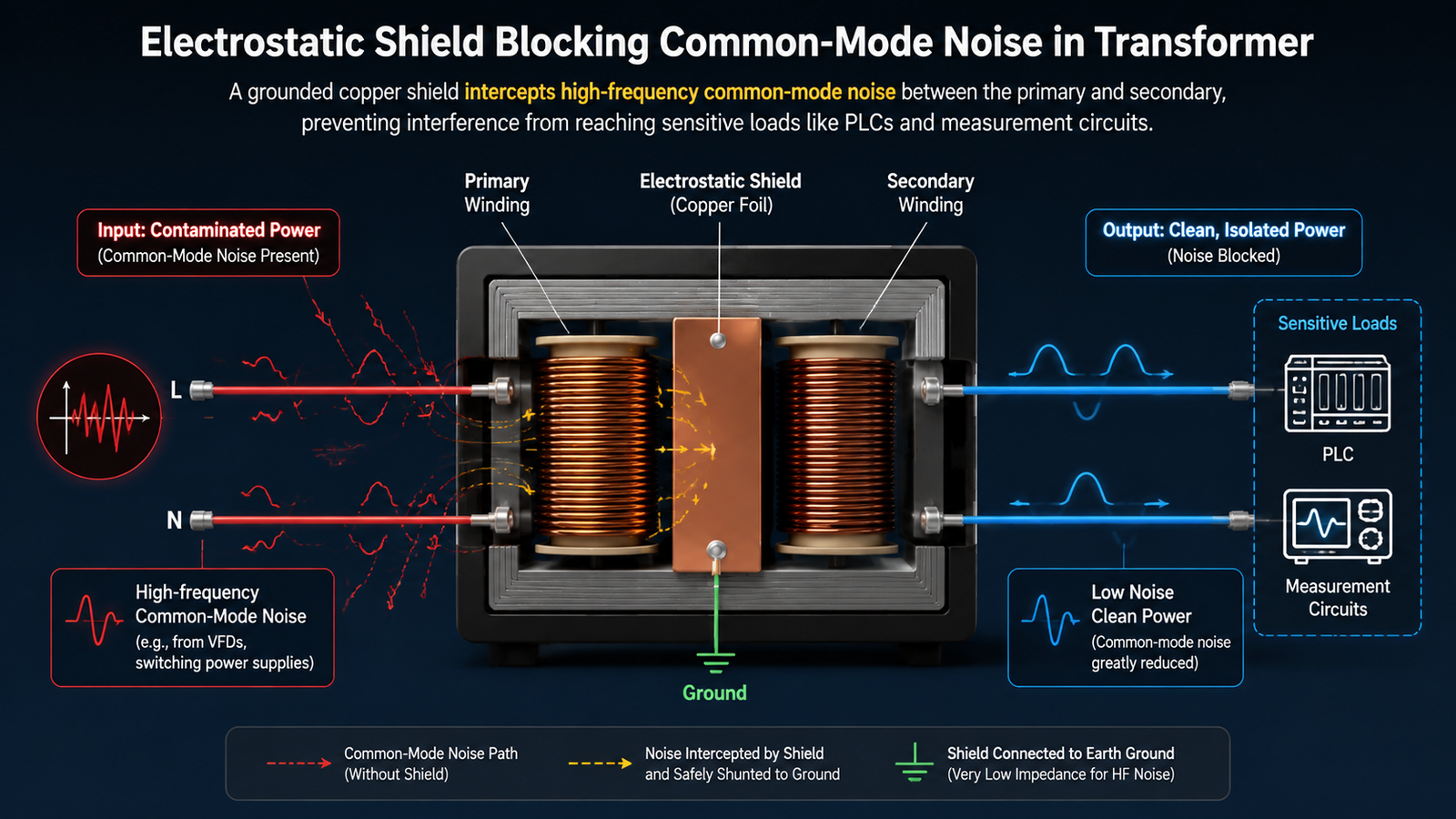 Illustration of common-mode electrical noise being intercepted by a grounded electrostatic shield between the primary and secondary windings