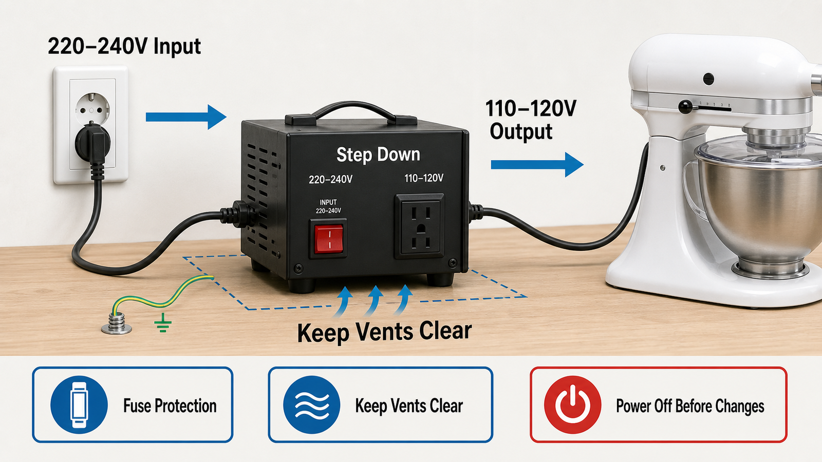 Safe 220 to 110 step-down transformer setup with grounded input and clear ventilation