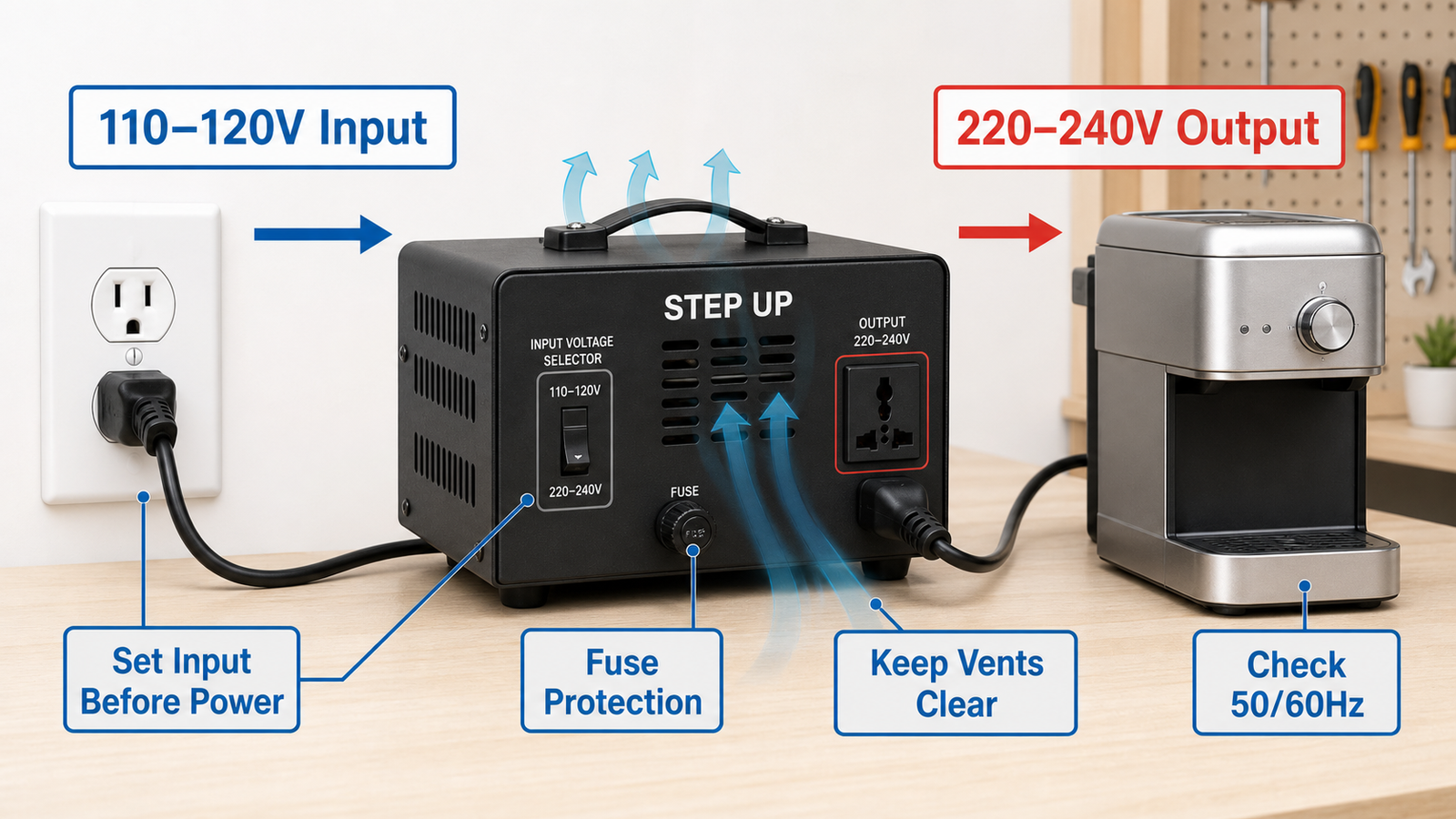 Safe 110V to 220V step up converter setup with input selector, fuse, ventilation, and frequency check