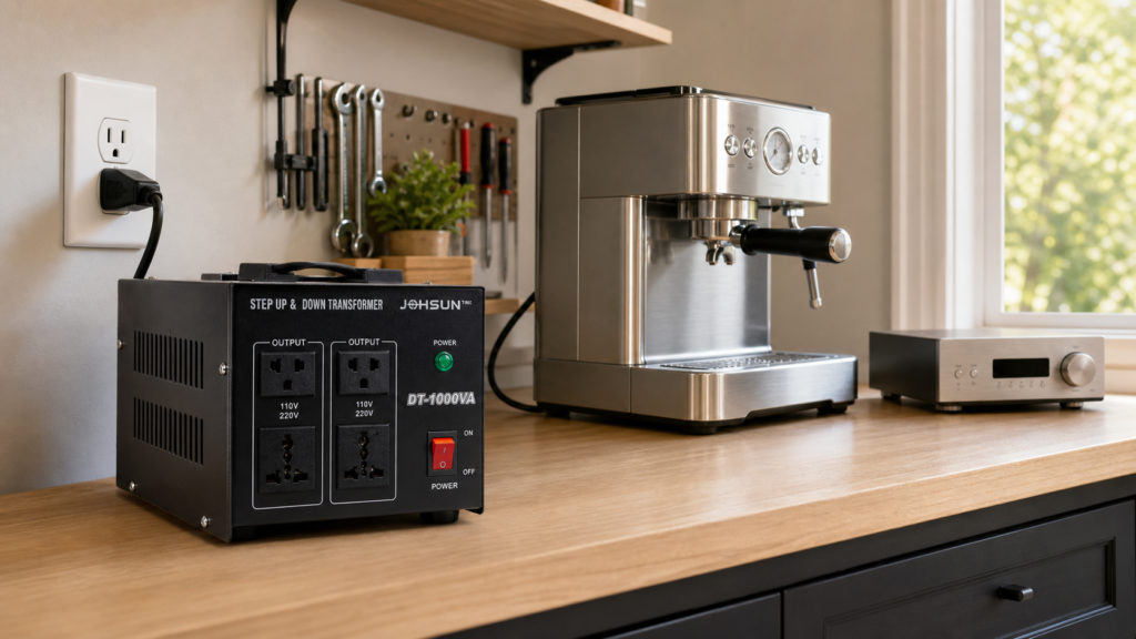 110V to 220V step up voltage converter powering imported appliances in a home workshop