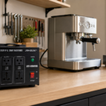 110V to 220V step up voltage converter powering imported appliances in a home workshop
