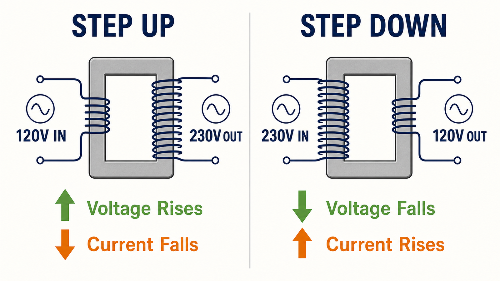 Step up transformer raises 120V to 230V while step down transformer lowers 230V to 120V