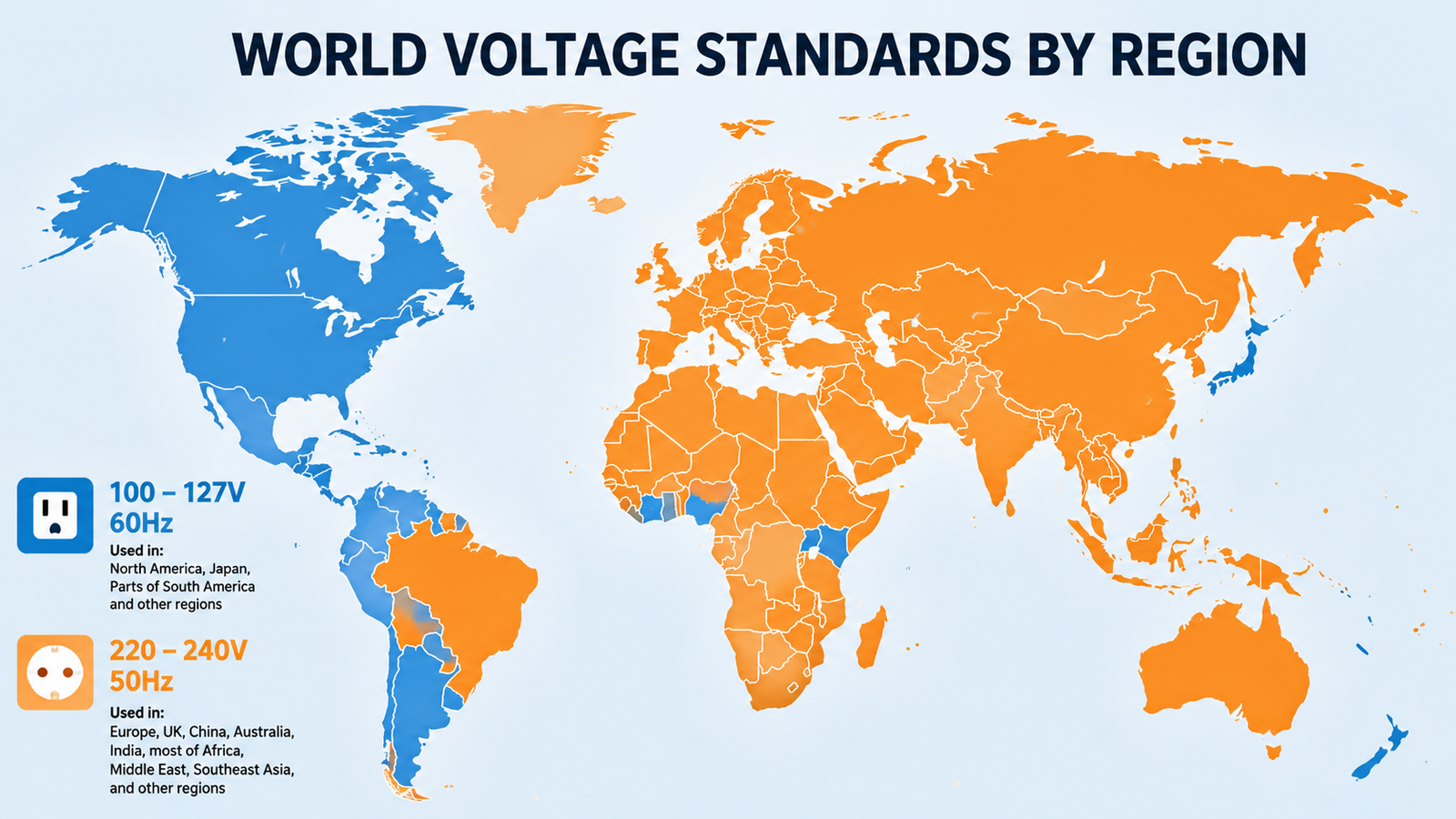 World map diagram showing global voltage standards by region, with 100 to 127V countries highlighted in one color and 220 to 240V countries highlighted in another color
